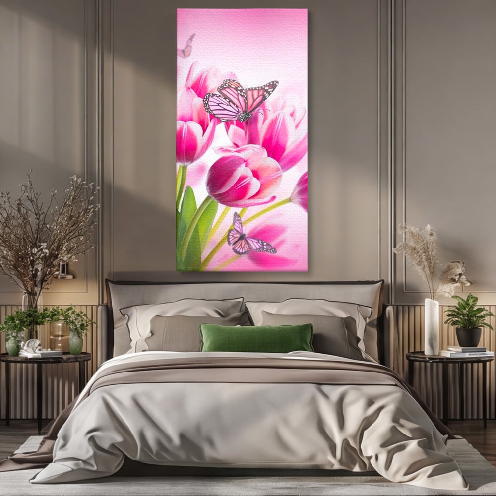Tablou canvas cu tablou canvas cu lalele roz si fluturi, fara rama, pe sasiu de lemn, pe perete intr-un dormitor